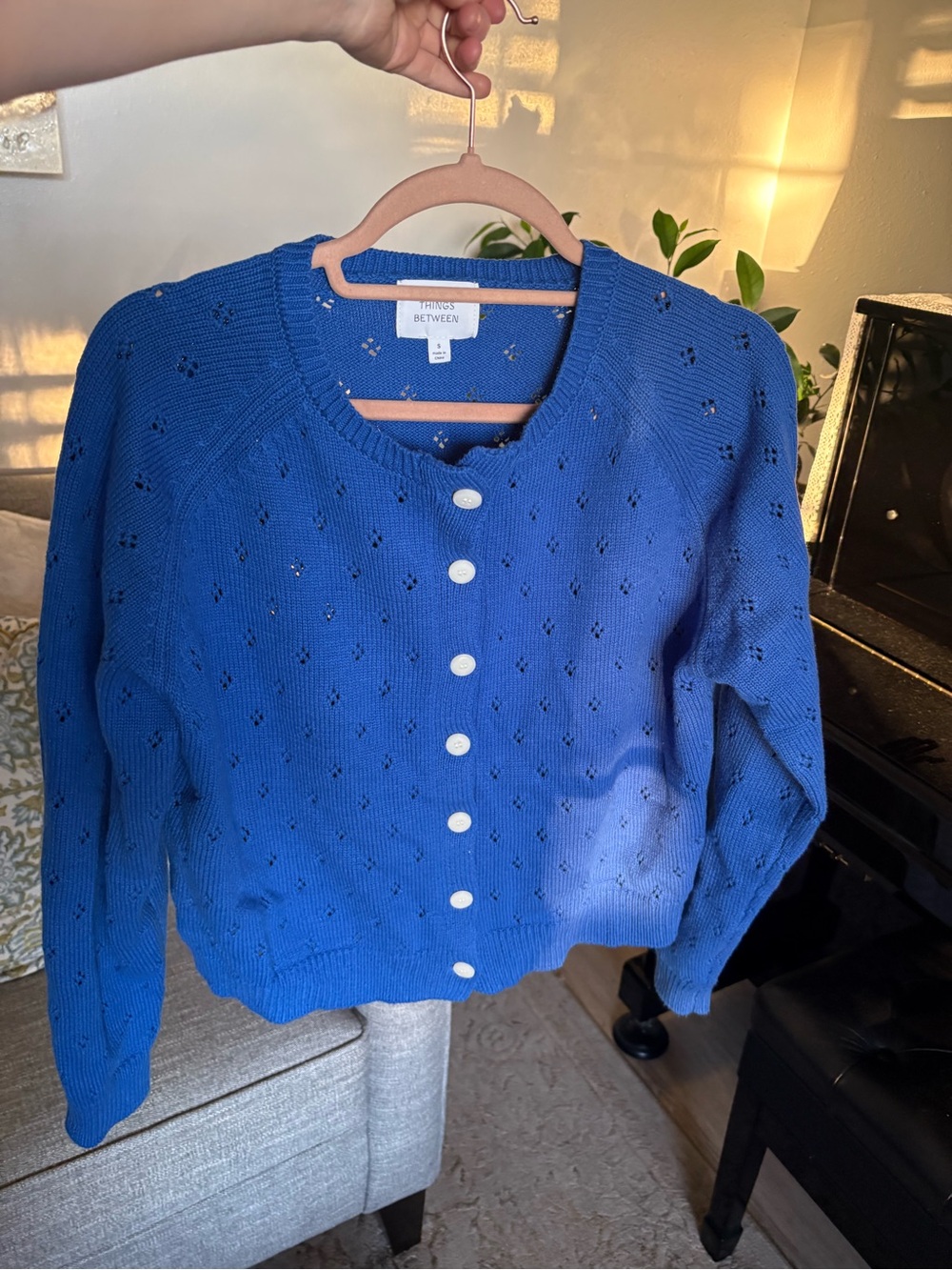 Things Between Women's Royal Blue Button-Up Eyelet Cardigan Sweater, Size S